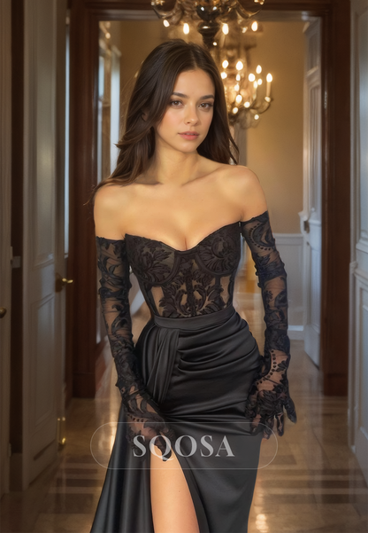 Sweetheart Long-Gloves Pleated Satin Fitted Prom Dress High Split Formal Gowns with Appliques Custom Color / US16 Sweetheart Long-Gloves Pleated Satin Fitted Prom Dress High Split Formal Gowns with Appliques Custom Color / US16