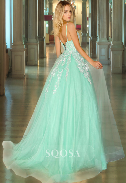 Ornate A-Line V-Neck Sleeveless Spaghetti Straps Tulle with Asymmetrical Prom Dress