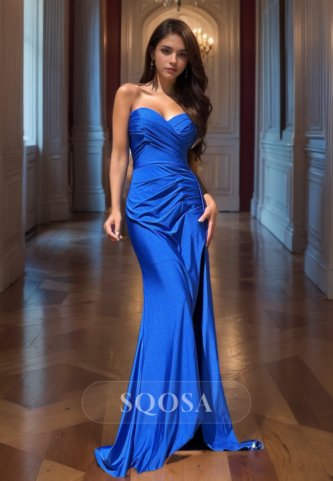 Sweetheart Sleeveless Mermaid Formal Gowns Floor-Length Pleated Satin Prom Dress with High Split