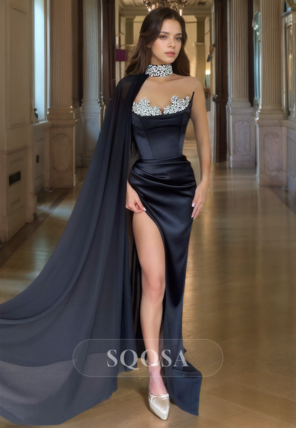 Beaded Halter Sweetheart Sleeveless Mermaid Prom Dress Pleated Floor-Length Party Gowns with Overlay