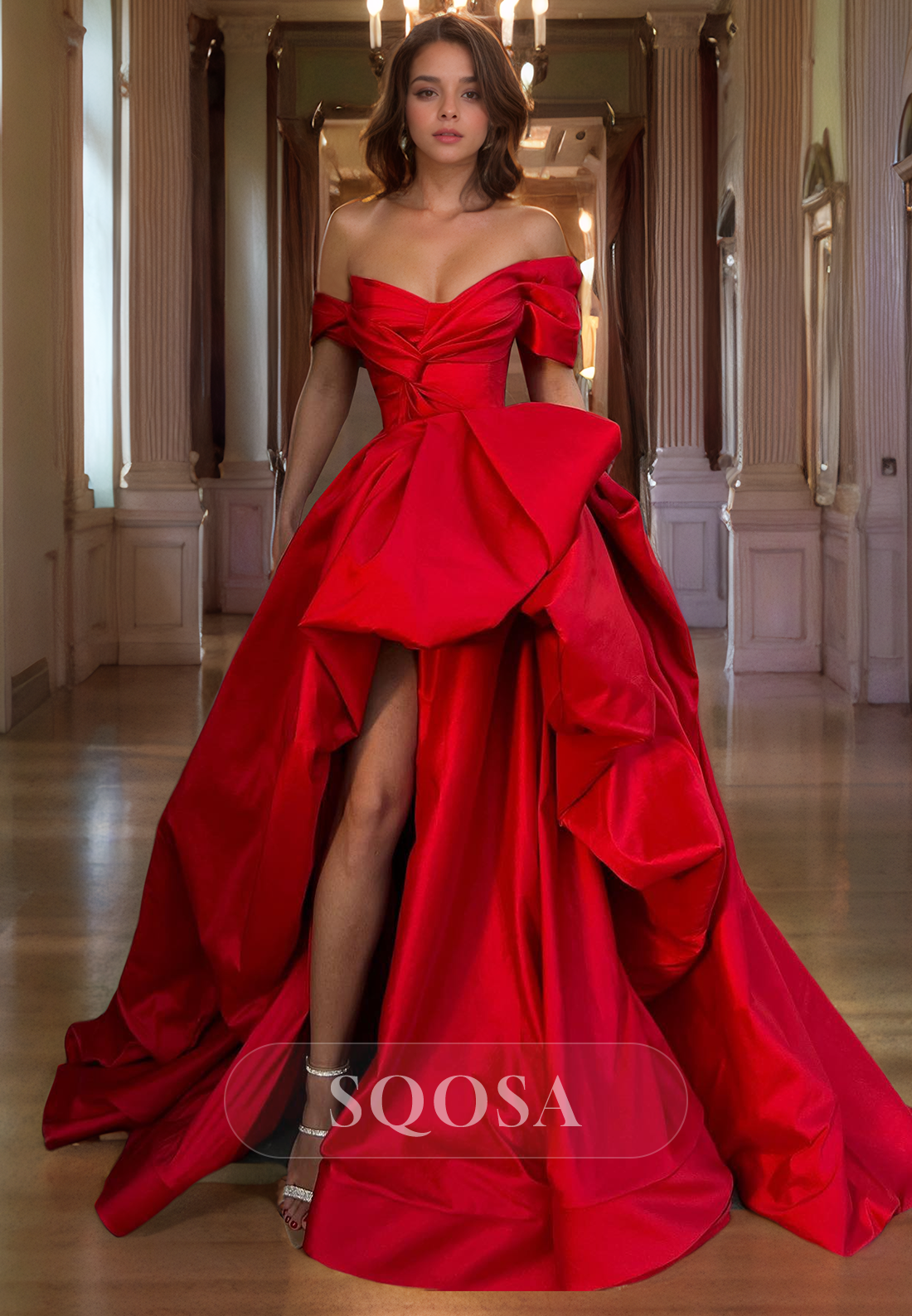 Sweetheart Strapless Satin Pleated Sleeveless High Slit Long A-Line Pr SQOSA Sweetheart Strapless Satin Pleated Sleeveless High Slit Long A-Line Pr SQOSA