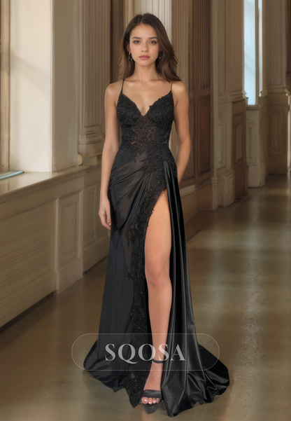 Spaghetti Straps V-neck Pleated Formal Gowns Sleeveless Beaded Applique Prom Dress with High Slit