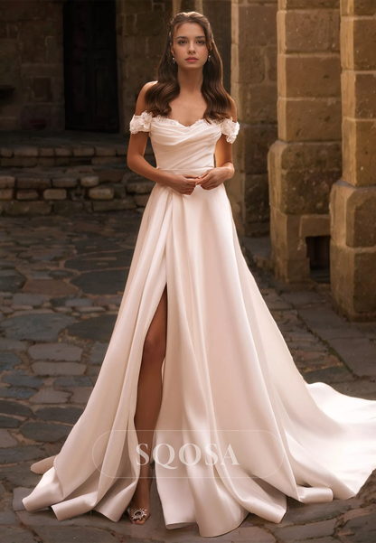 Pleated Sweetheart Off-Shoulder A-Line Bride Gowns Sleeveless Floral Embellished Slit with Train Wedding Dress