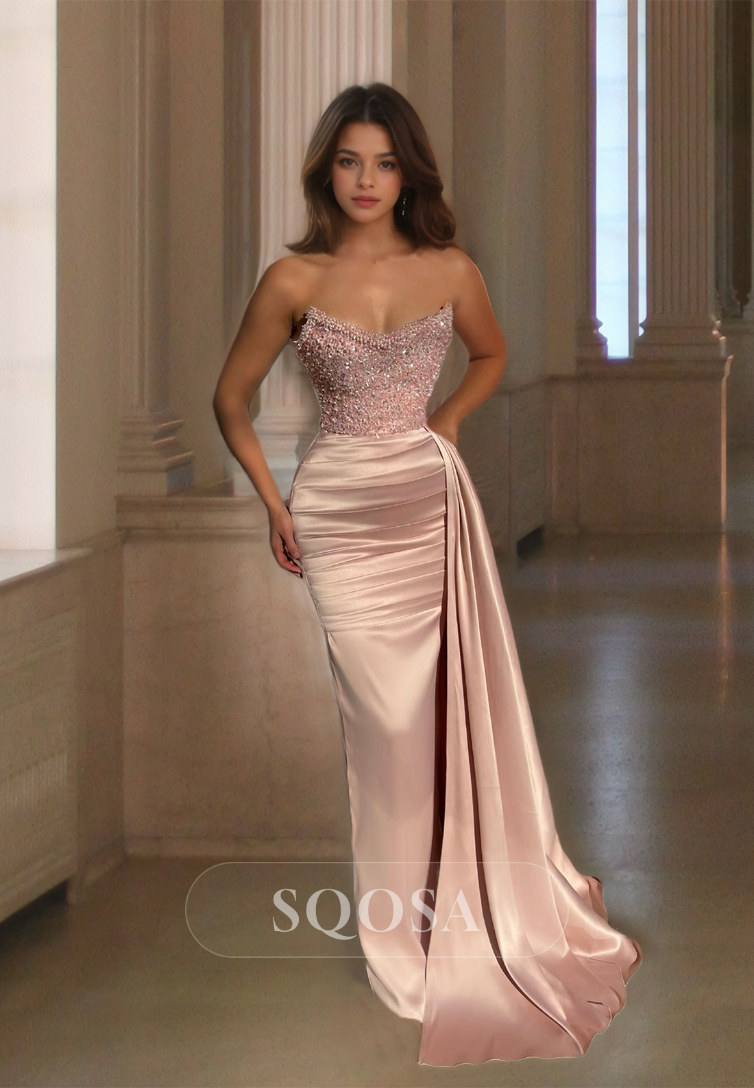 Scoop-Neck Sleeveless Prom Dress Floor Length with Beaded and Pleated Mermaid Gowns