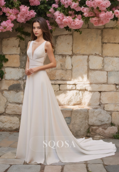 Deep V-Neck Straps A-Line Beach Wedding Dress Sleeveless Satin Boho Wedding Gowns with Sweep Train