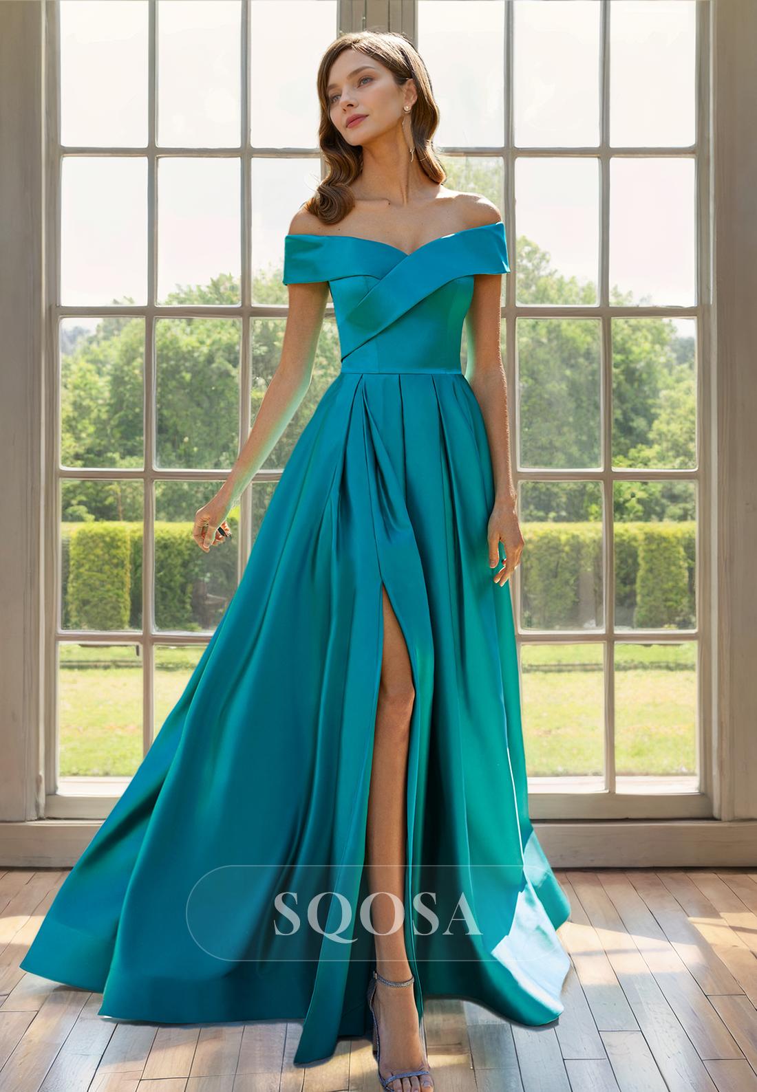 A Line Off Shoulder Satin Elegant Long Cocktail Dress with Slit Mother of the Bride Dress