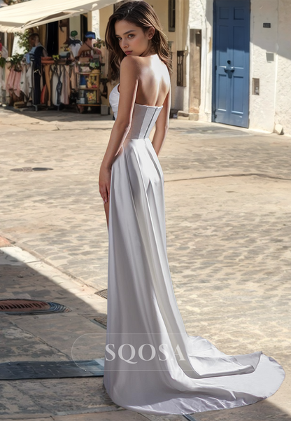 Sweetheart Fitted Satin Wedding Gown Sleeveless Slit with Sweep Train Wedding Dress