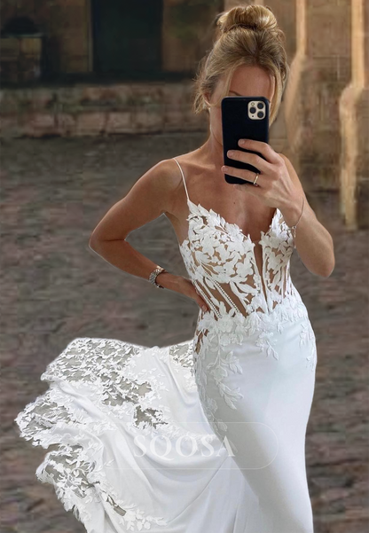 V-Neck Spaghetti Straps Mermaid Wedding Dress with Train Sleeveless Lace Bridal Dress