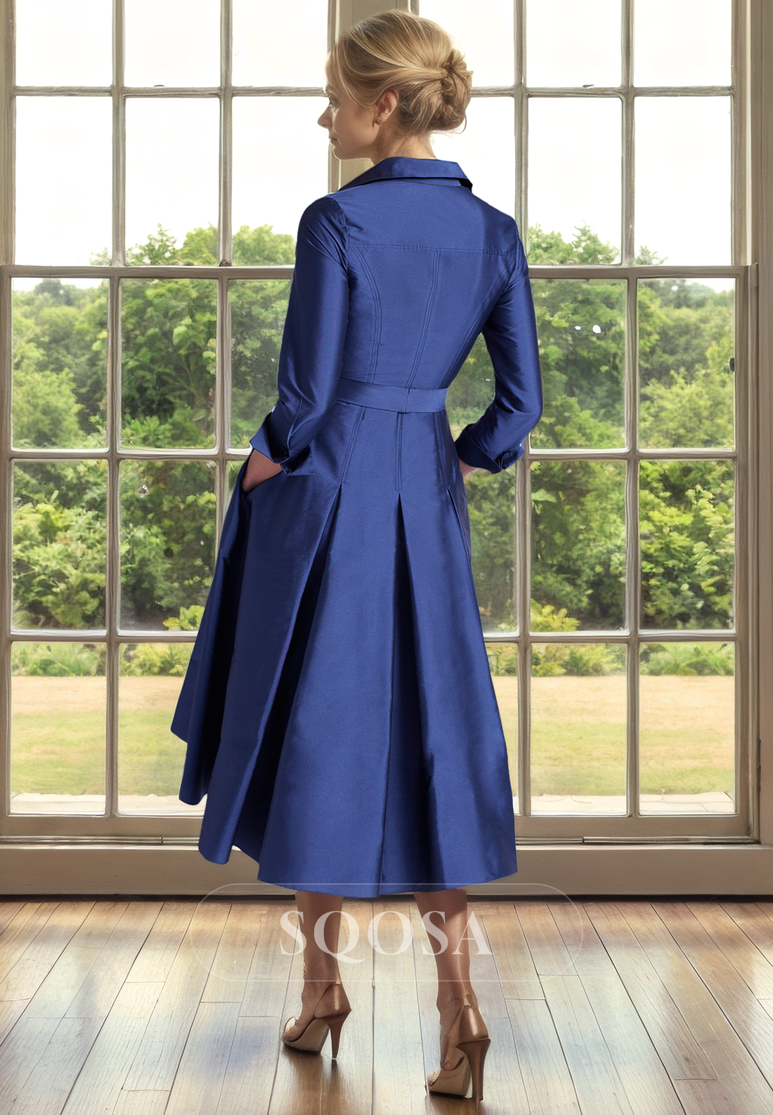 A Line Long Sleeves Navy Elegant Mother of the Bride Dress with Pockets Short Cocktail Dress