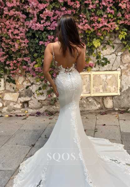 Appliques with Sweep Train Bridal Gowns V-Neck Spaghetti Straps Satin Mermaid Wedding Dress