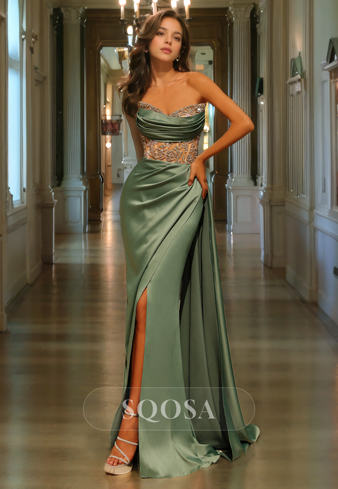 Sweetheart Sleeveless Fitted Prom Dress Floor Length with Lace Embroidered Party Gowns