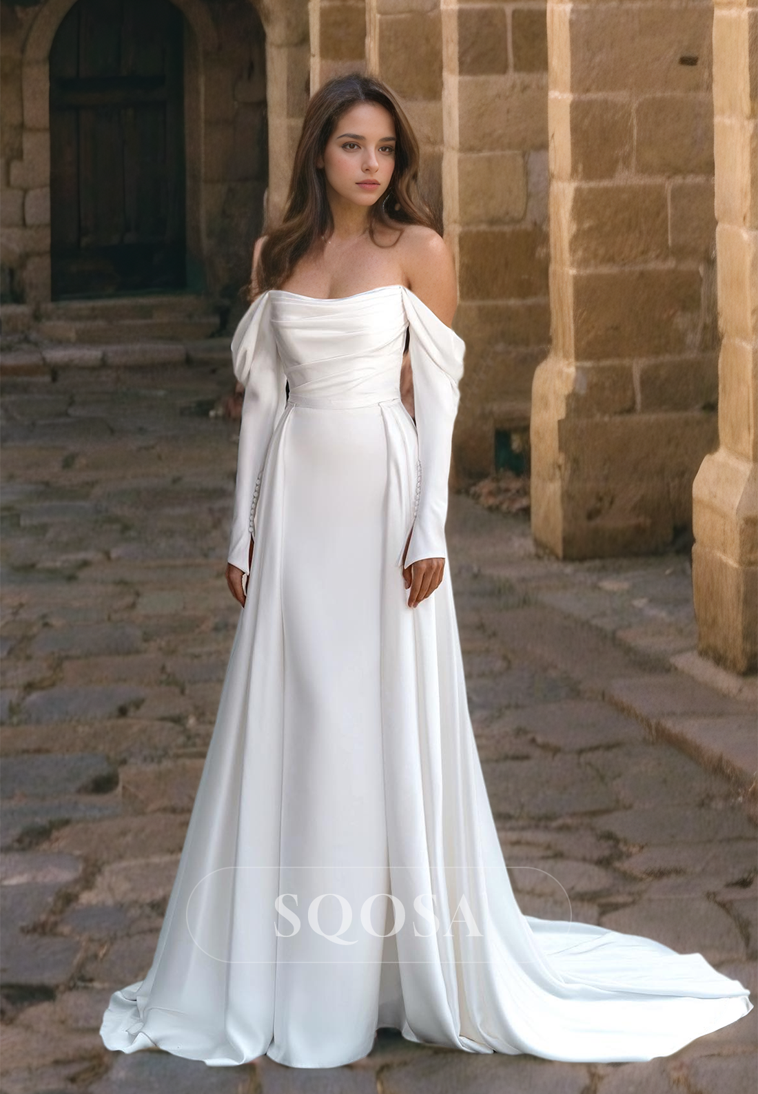 Strapless Tube Top Long-Sleeves Pleated Satin Formal A-Line Wedding Dress with Sweep Train