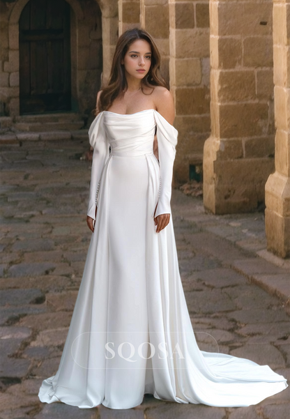 Strapless Tube Top Long-Sleeves Pleated Satin Formal A-Line Wedding Dress with Sweep Train