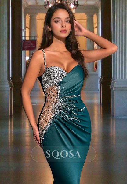 Spaghetti Straps Sweetheart Sleeveless Party Gowns Off-Shoulder Beaded Pleated Mermaid Prom Dress