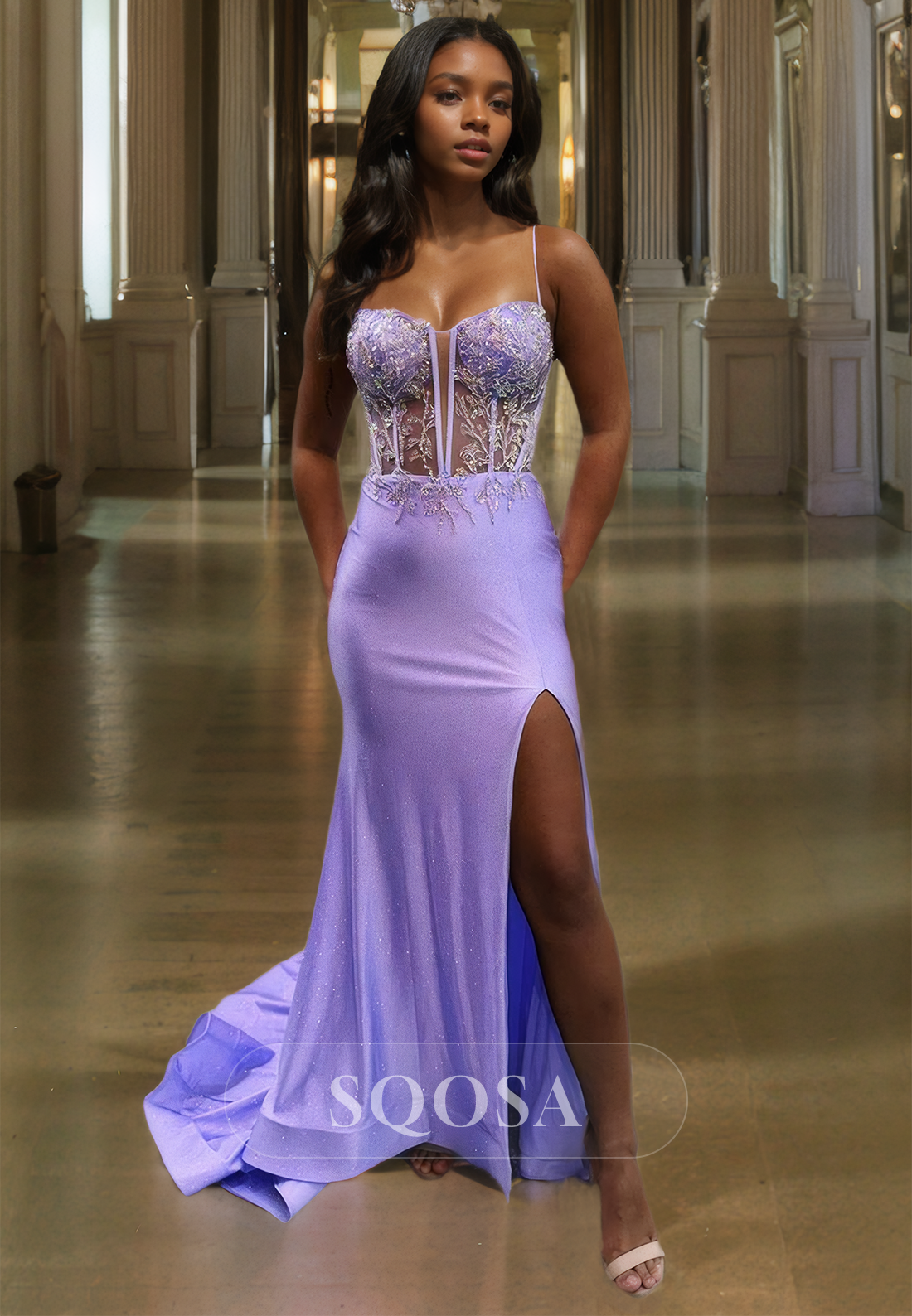 Glitter-Knit Applique Beaded Mermaid Prom Dress Sweetheart Spaghetti Straps Sleeveless Cutout Formal Dress