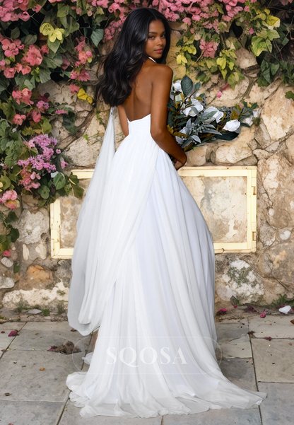 Couture Bride Dress V-Neck Straps Slit Chiffon with Long Train Wedding Gown