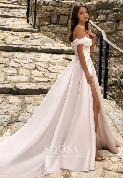 Pleated Sweetheart Off-Shoulder A-Line Bride Gowns Sleeveless Floral Embellished Slit with Train Wedding Dress