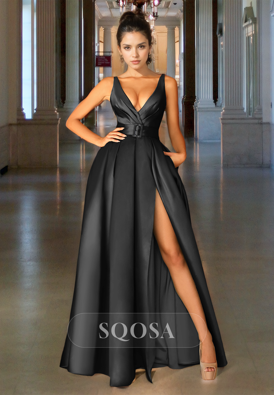 Simple V-Neck Straps Off-Shoulder Party Dress Pleated High Slit Satin A-Line Formal Prom Dress