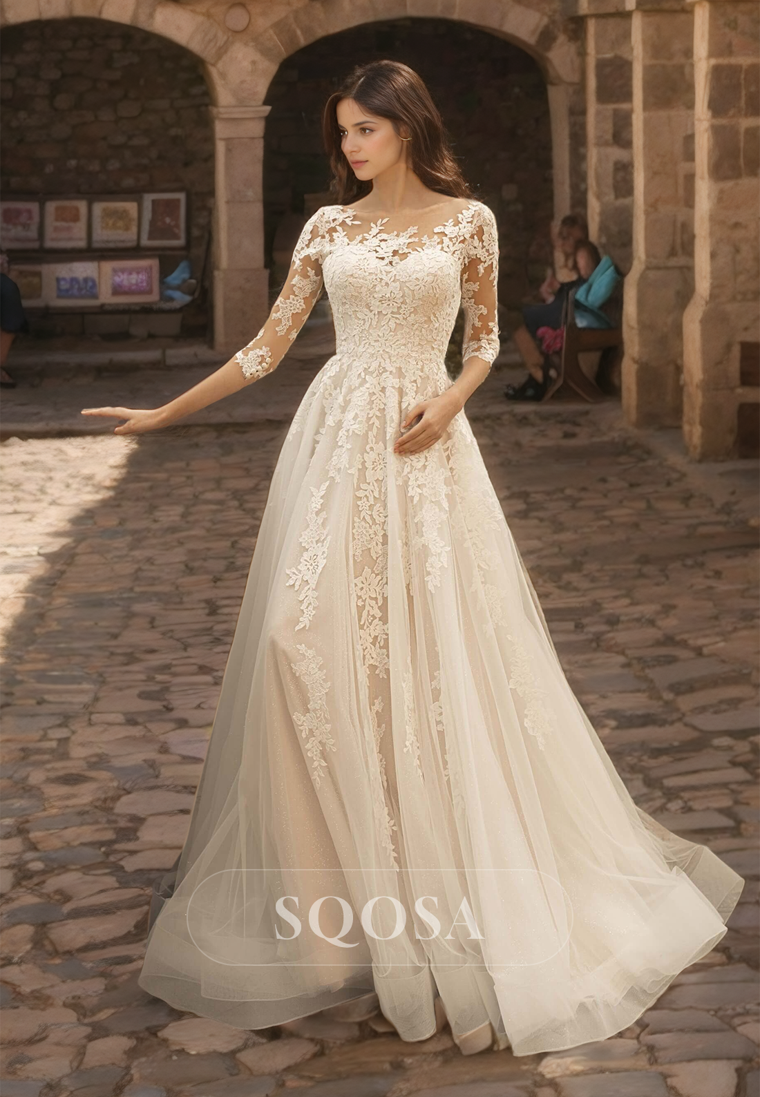 half lace wedding dress Designer Lace Half Sleeve Square Neck Destination Wedding Dress