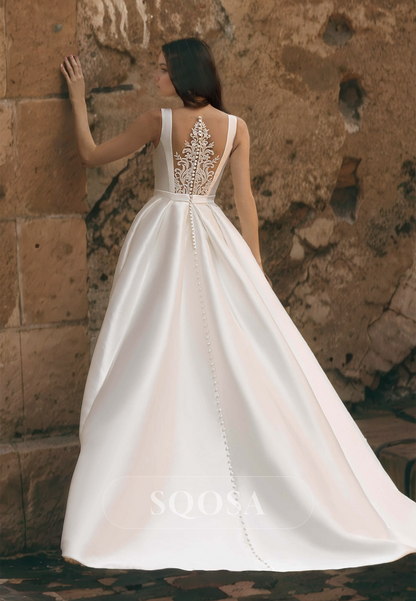 Sleeveless Scoop-Neck Off-Shoulder Bride Gowns Pleated Satin A-Line with Train Wedding Dress