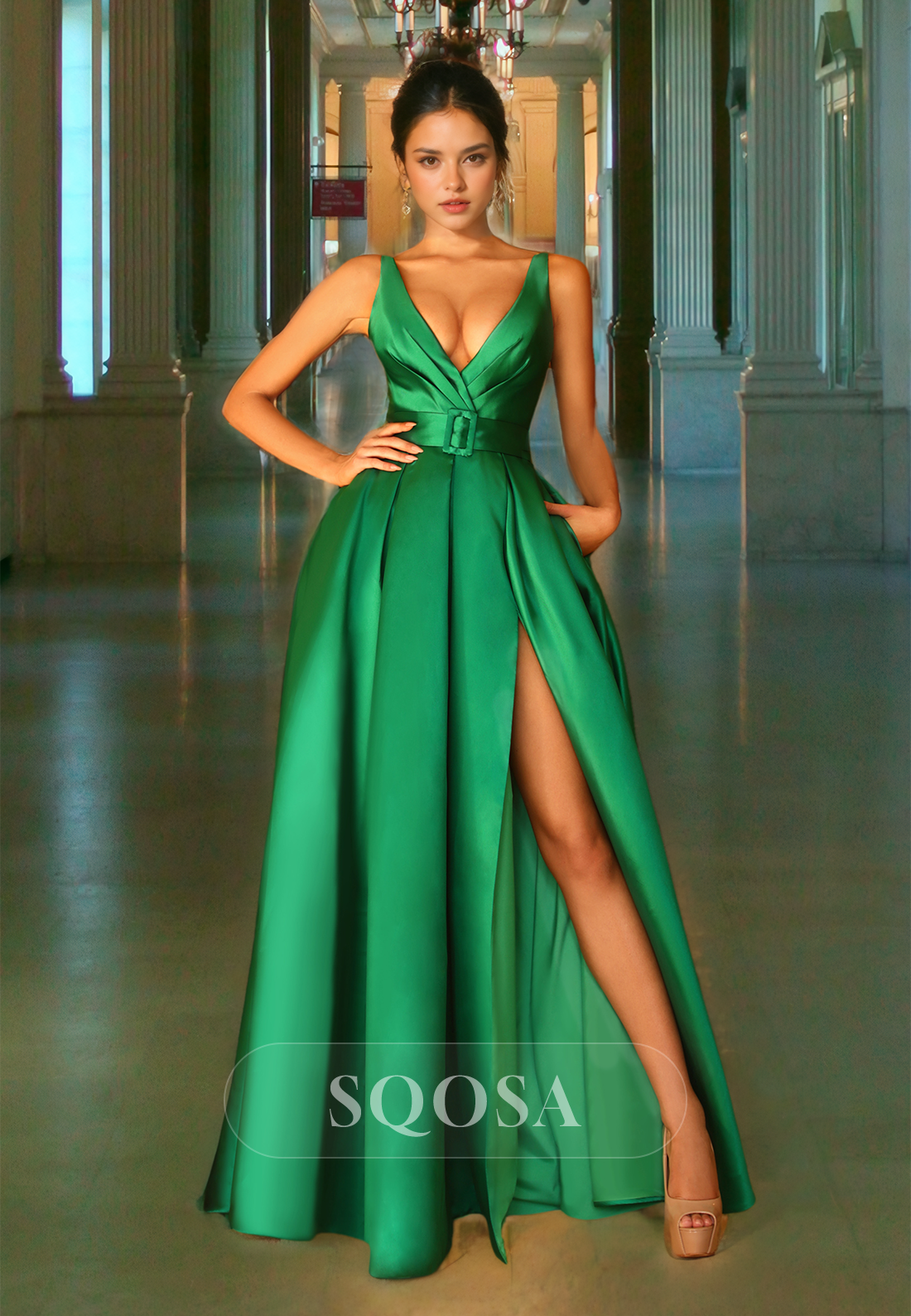 Simple V-Neck Straps Off-Shoulder Party Dress Pleated High Slit Satin A-Line Formal Prom Dress