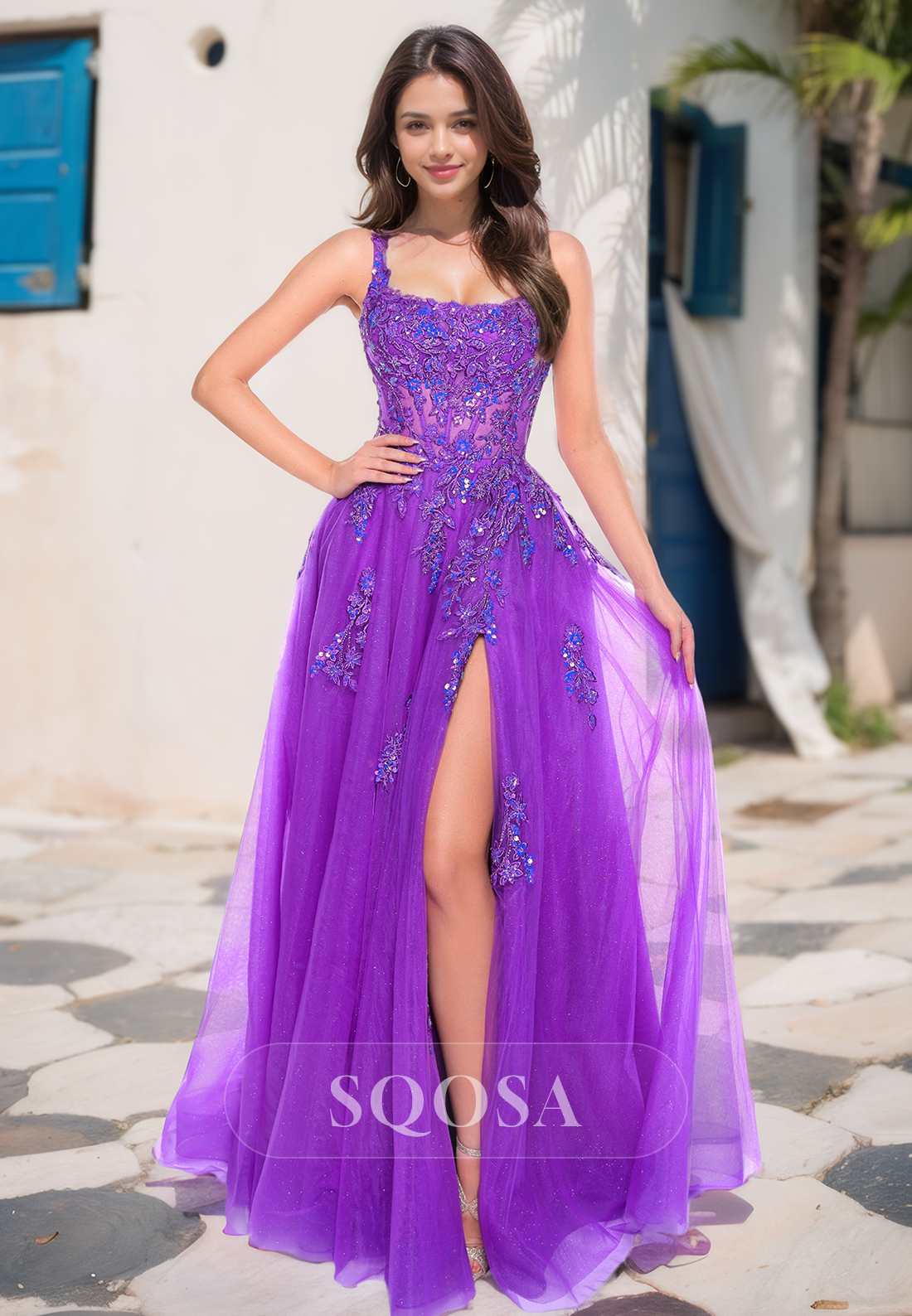 purple tube top dress Spaghetti Straps Tube Top Sleeveless A-Line Prom Dress Beaded Applique  Tulle Formal Gowns