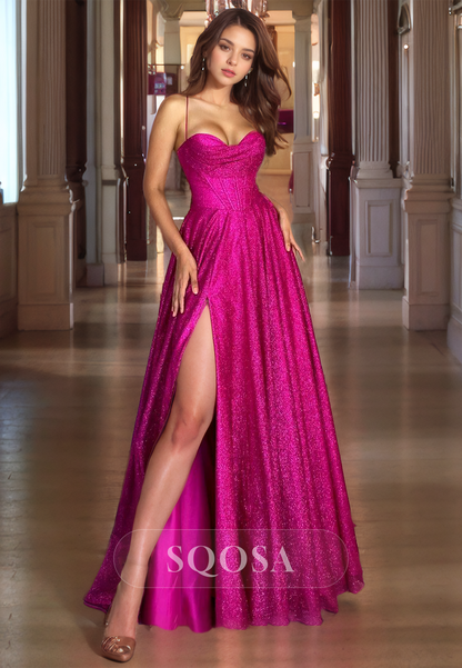 Sweetheart A-Line Spaghetti Straps Prom Dress Glitter-Knit Floor Length with Slit Party Gowns