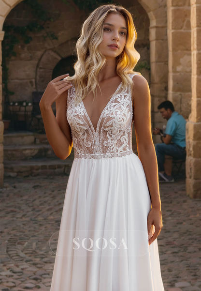 A-Line V-Neck Sleeveless Straps Blouson Lace Illusion Cutout with Sweep Train Wedding Dress