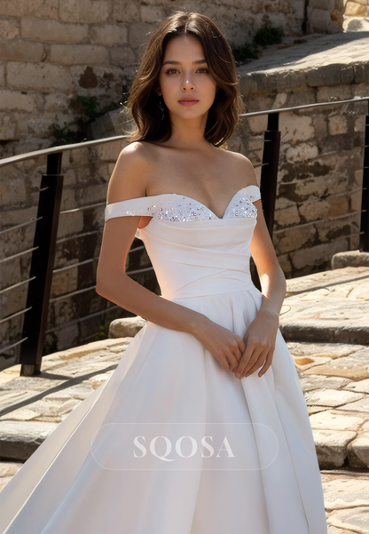 Couture Sleeveless Beaded Sweetheart Off-Shoulder Pleated A-Line Wedding Dress with Train