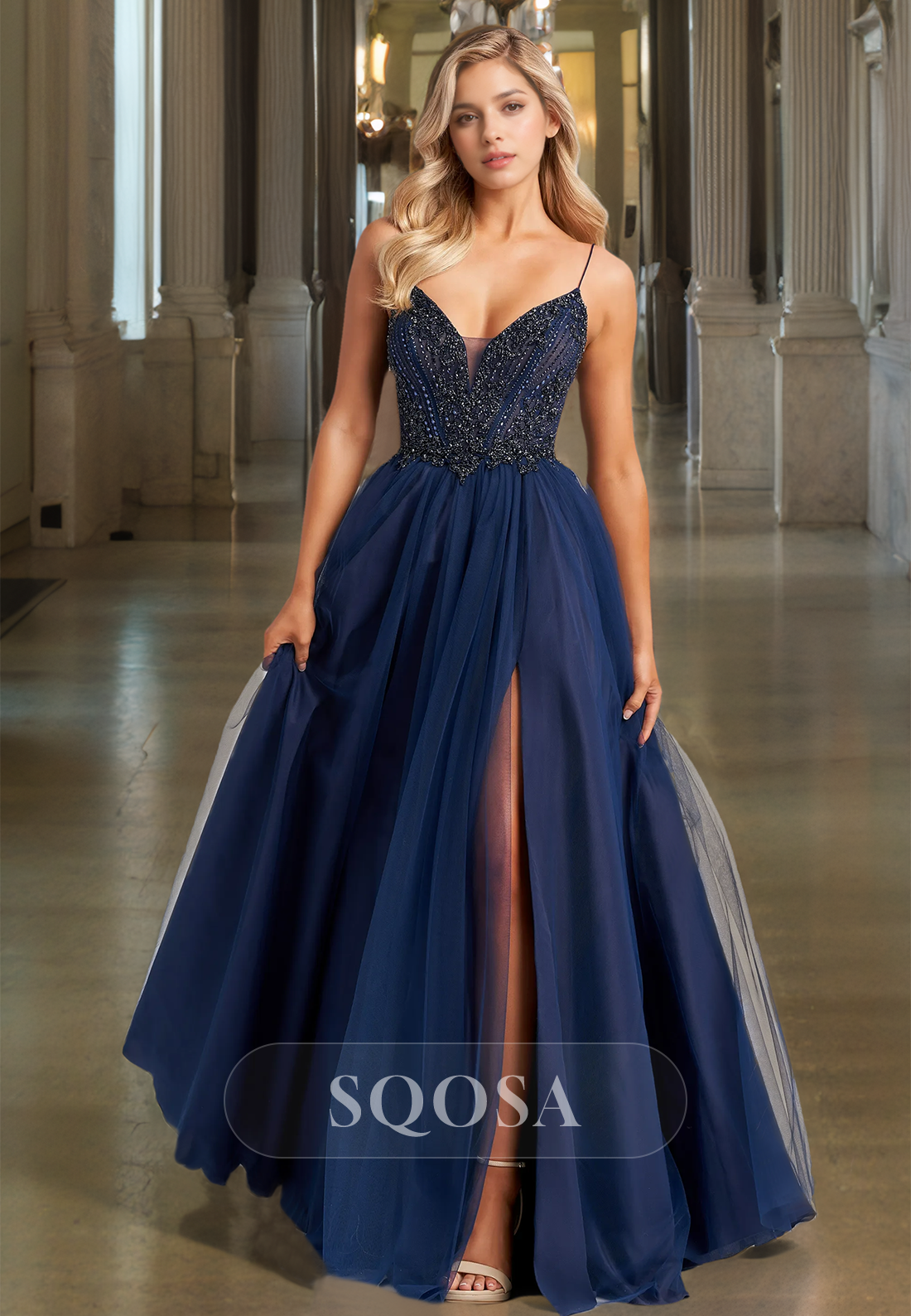 Spaghetti Straps V-Neck Tulle A-Line Prom Dress Sleeveless Beaded Pleated Sheer Formal Gowns