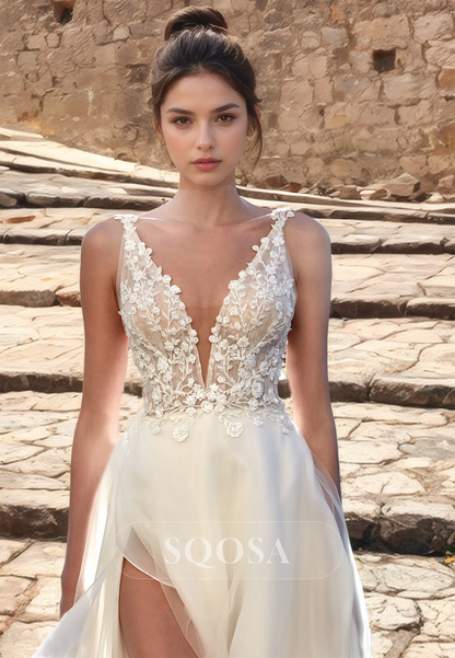 A-Line Deep V-Neck Beach Wedding Dress Spaghetti Straps Floor-Length Boho Dress with Lace Appiques