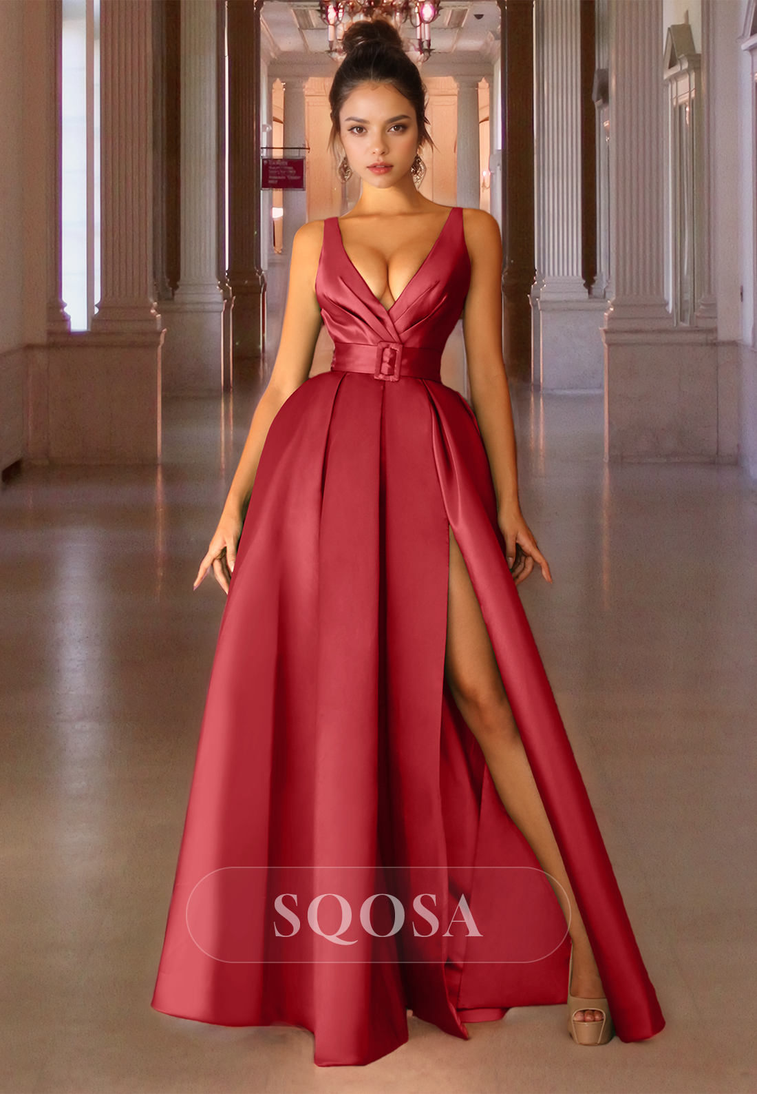 Simple V-Neck Straps Off-Shoulder Party Dress Pleated High Slit Satin A-Line Formal Prom Dress