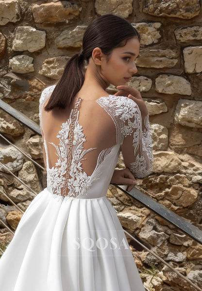 Long-Sleeves Scoop-Neck A-Line Wedding Dress Applique Pleated Train Fo SQOSA Long-Sleeves Scoop-Neck A-Line Wedding Dress Applique Pleated Train Fo SQOSA
