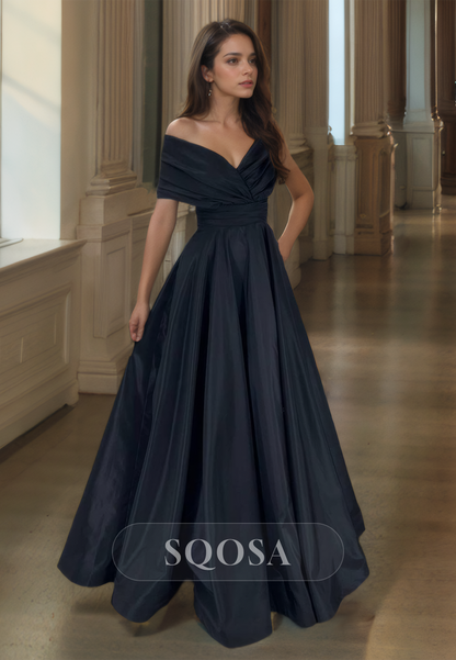 Simple V-Neck Sleeveless A-Line Prom Dress Pleated Floor-Length Satin SQOSA Simple V-Neck Sleeveless A-Line Prom Dress Pleated Floor-Length Satin SQOSA