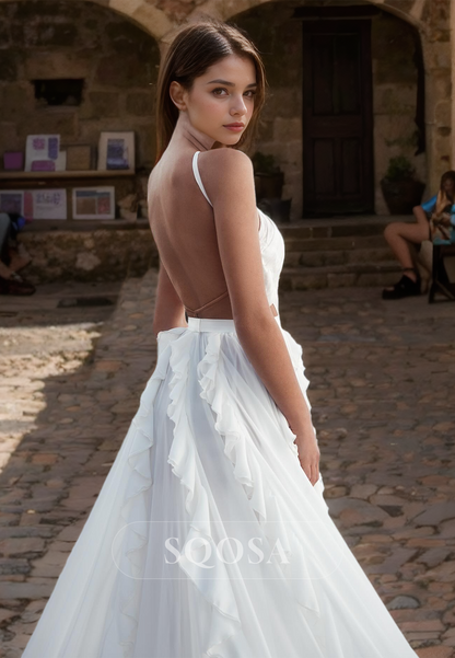 Halter-Neck Spaghetti Straps Pleated Bride Dress Cutout Chiffon A-Line Boho Wedding Dress with High Slit Ivory / US16 Halter-Neck Spaghetti Straps Pleated Bride Dress Cutout Chiffon A-Line Boho Wedding Dress with High Slit Ivory / US16
