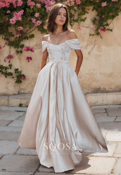 Off-Shoulder Sleeveless A-Line Boho Wedding Dress Floor-Length Beaded Pleated Satin Bridal Gowns