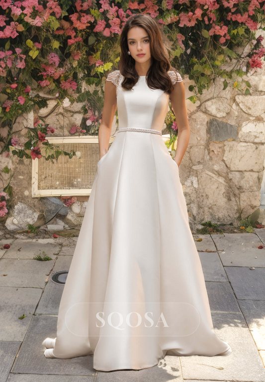 Simple Cap-Sleeves Scoop-Neck Beaded Satin A-Line Wedding Dress with Sweep Train