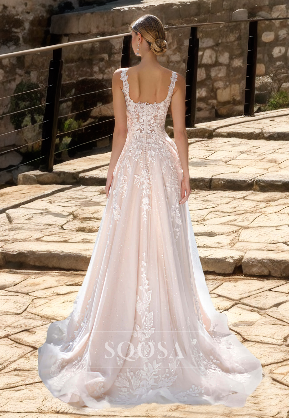 Square-Neck Sleeveless Pleated Wedding Gowns Off-Shoulder Applique Train A-Line Bride Dress