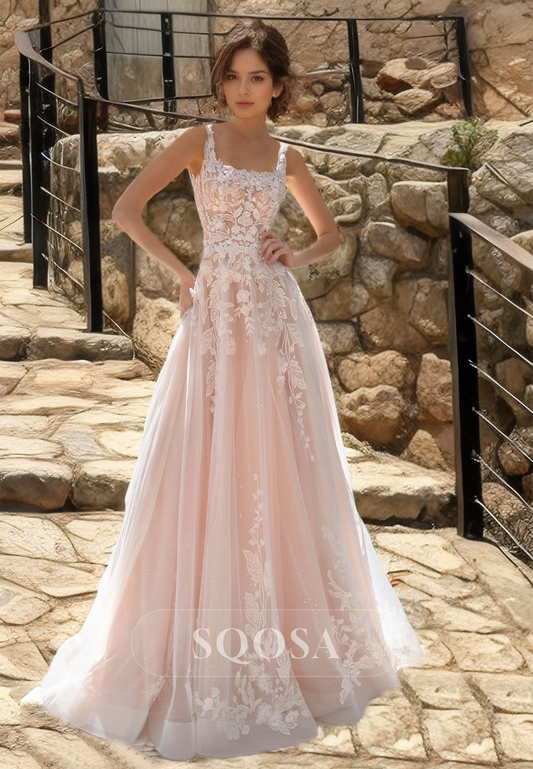 Square-Neck Sleeveless Pleated Wedding Gowns Off-Shoulder Applique Train A-Line Bride Dress