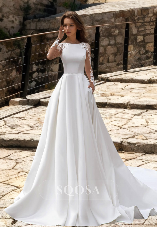 Long-Sleeves Scoop-Neck A-Line Wedding Dress Applique Pleated Train Formal Bridal Gowns