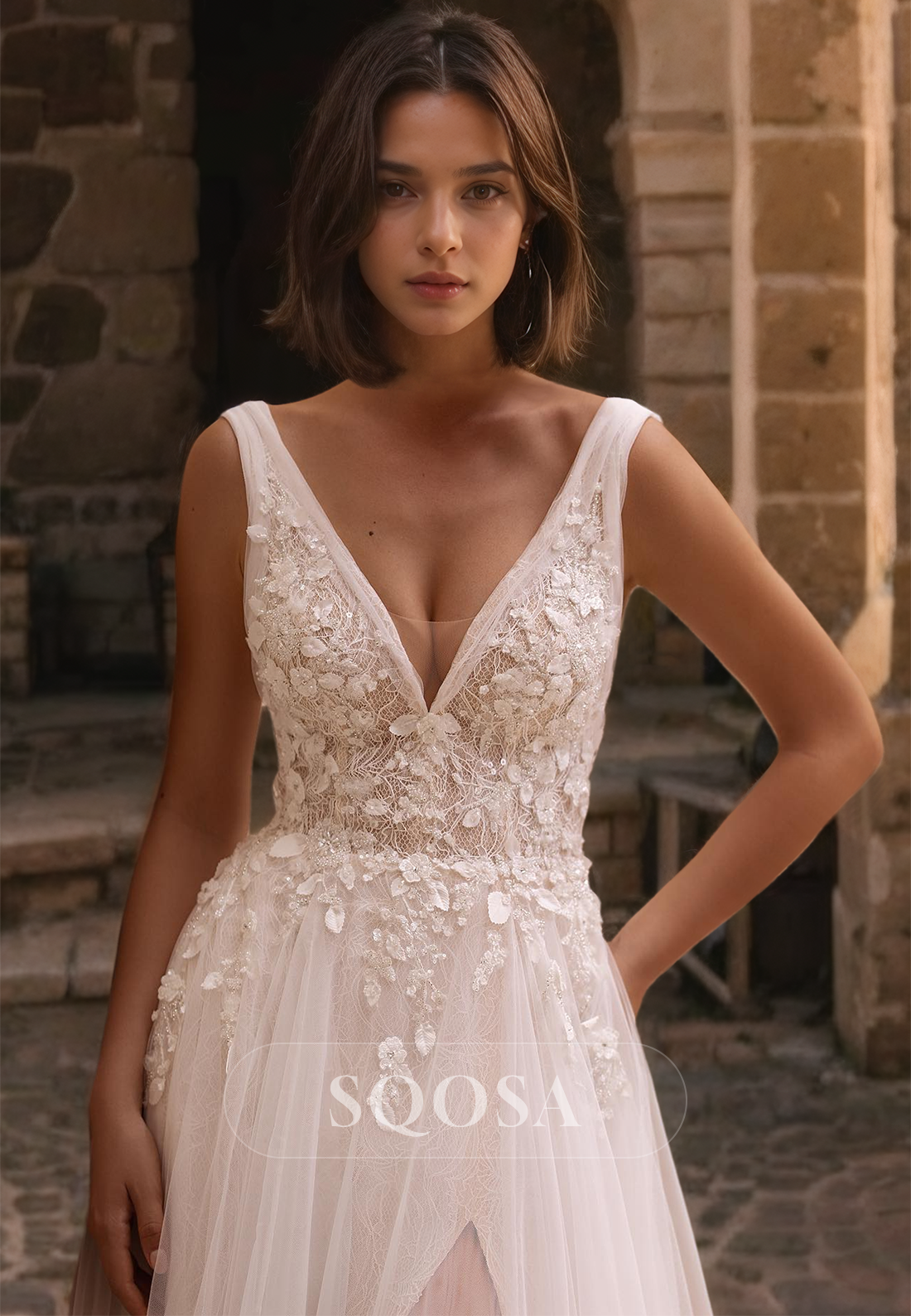 V-Neck Straps Sleeveless A-Line Applique and Beaded Illusion Cutout Wedding Dress with Train