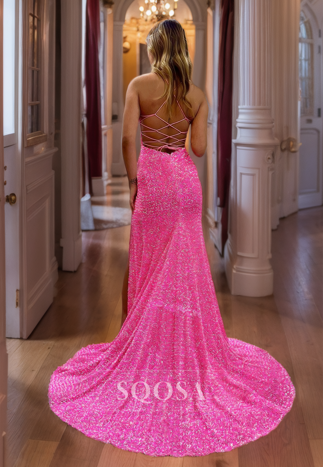 Sweetheart Spaghetti Straps Mermaid Prom Dress Glitter-Knit Slit Party Gowns with Train