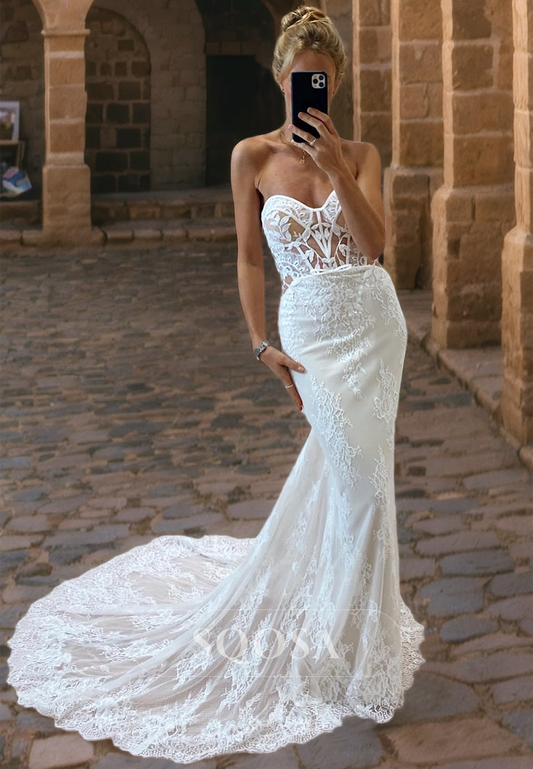 Sweetheart Sleeveless Mermaid Wedding Dress Allover Lace Cutout Dress with Train