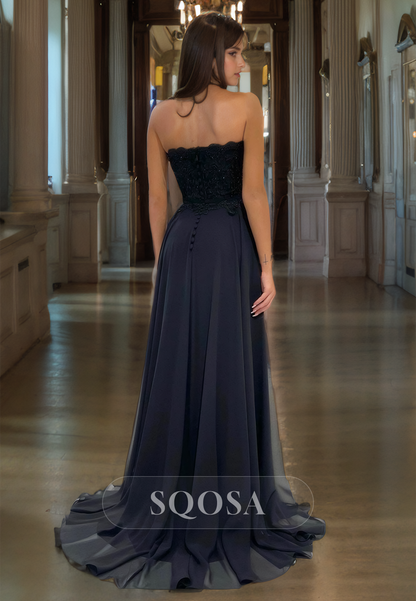 A Line Sweetheart Lace Beads Chiffon Black Formal Gown with Slit Long Prom Dress