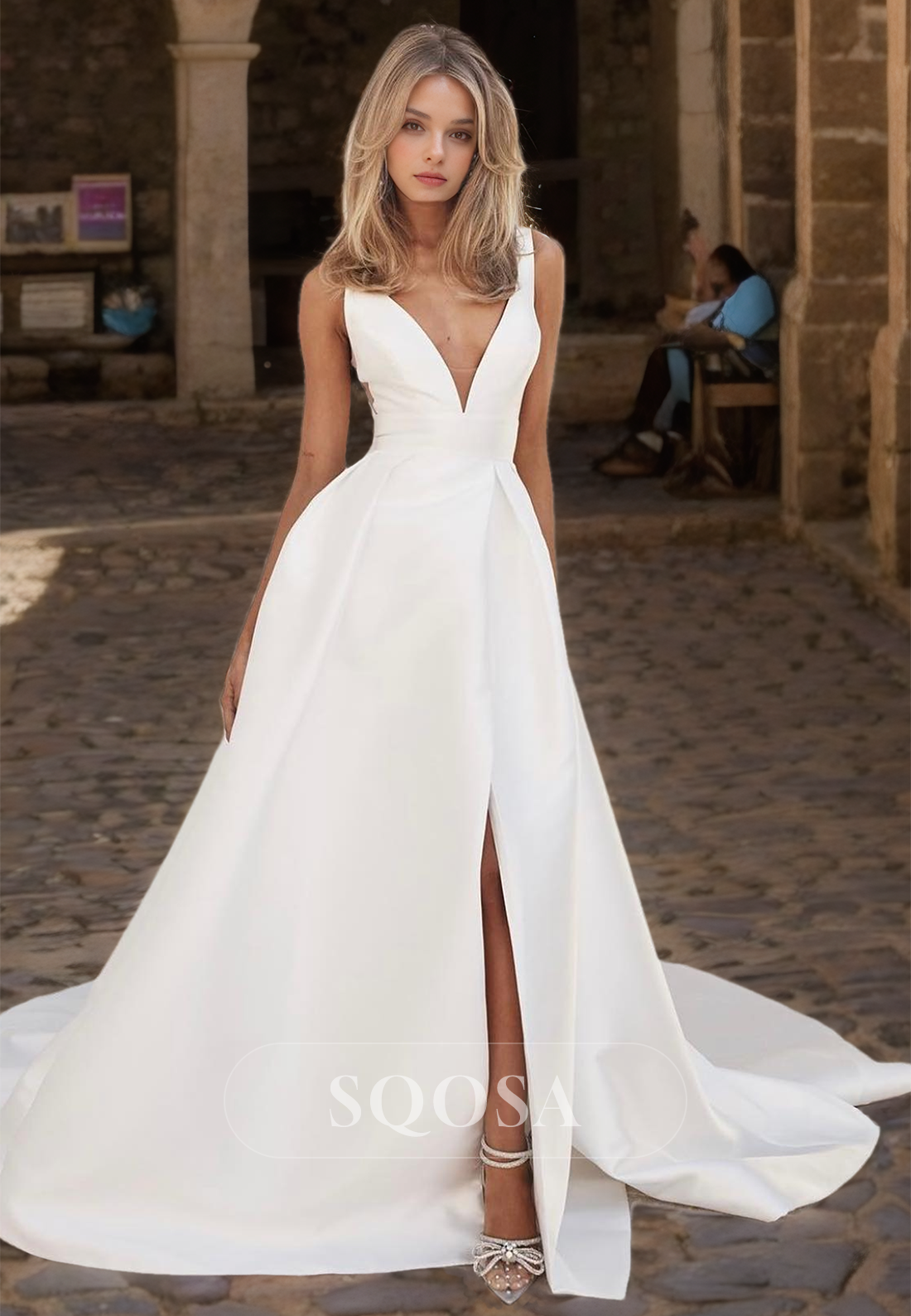 Sleeveless Deep V-Neck Straps A-Line Wedding Dress Off-Shoulder Slit with Train Bride Gowns