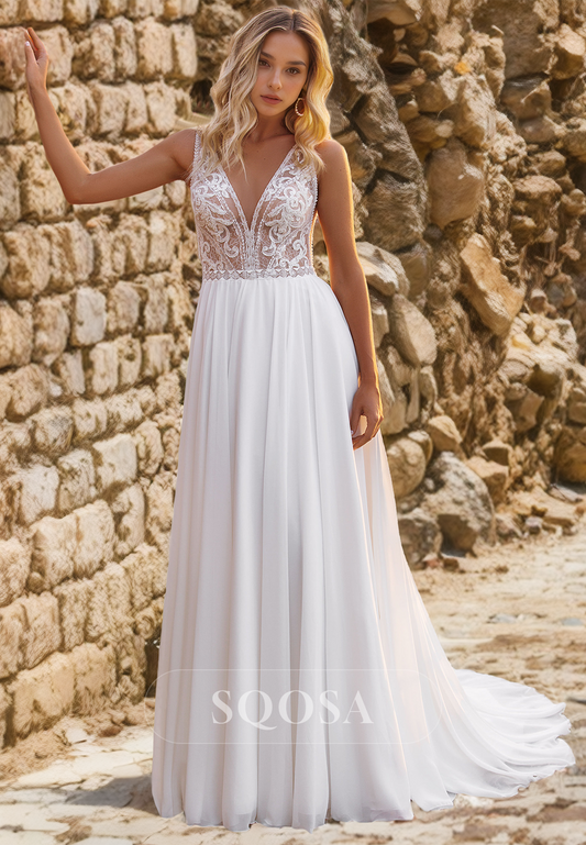 A-Line V-Neck Sleeveless Straps Blouson Lace Illusion Cutout with Sweep Train Wedding Dress