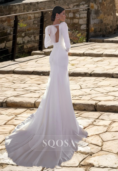 Deep V-Neck Long-Sleeves Pleated Sweep Train Satin Fitted Wedding Dress with Tulle Bow