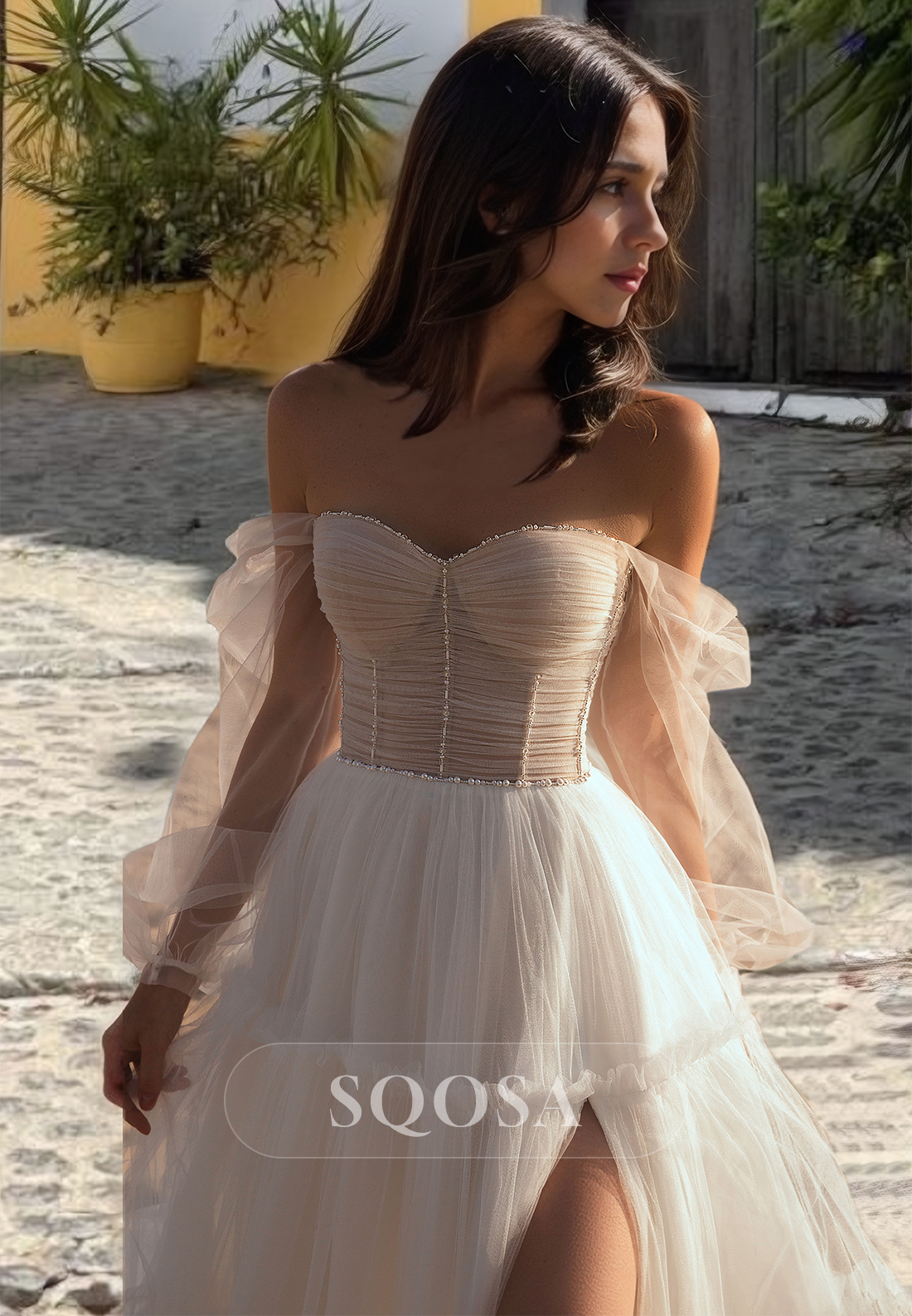 a-line long sleeves off-the-shoulder tulle with beading floor-length dresses White Wedding Dress Long Sleeves 2026 Tulle Long A-line Glamlora