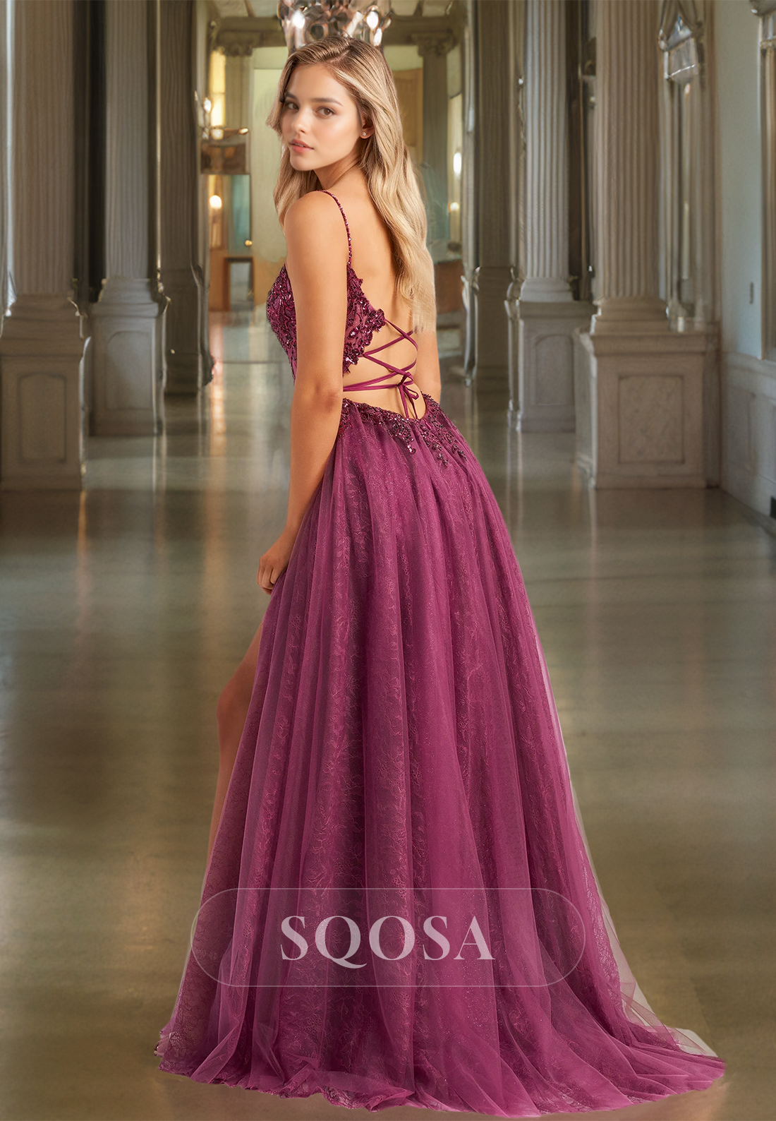 Scoop-Neck Spaghetti Straps Sleeveless Applique Party Dress Beaded Pleated High Slit A-Line Prom Gowns