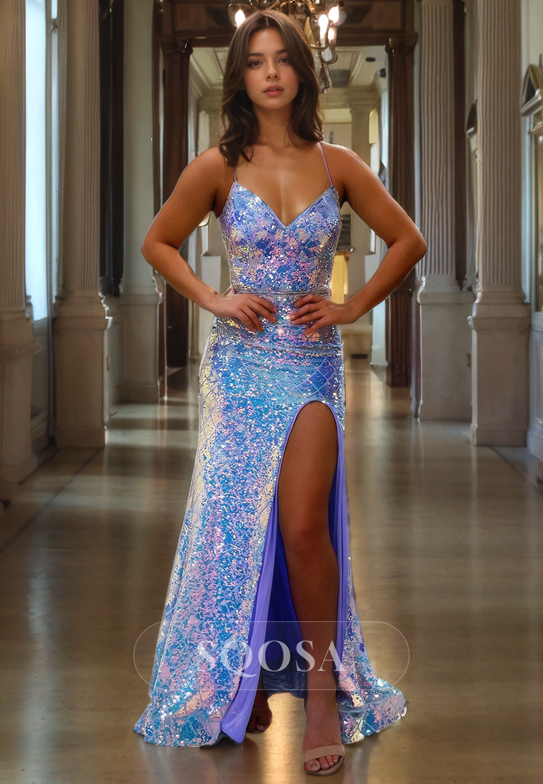 Spaghetti Straps V neck Sequins Sparkly Prom Dress with Slit Formal Party Dress